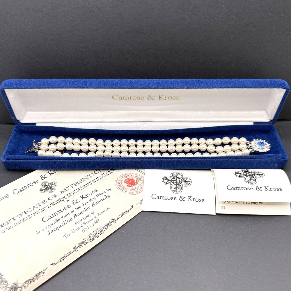 Camrose & Kross Jackie Kennedy JBK Glass Faux Pearl & Crystal 3 Strand Bracelet